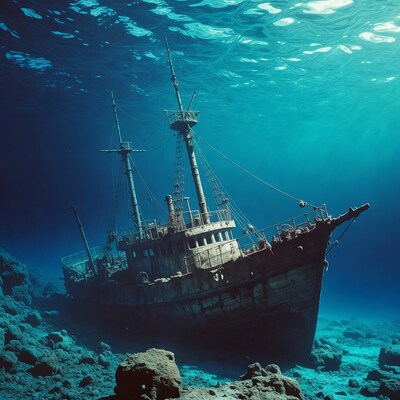 Sunken Shipwreck on Ocean Floor