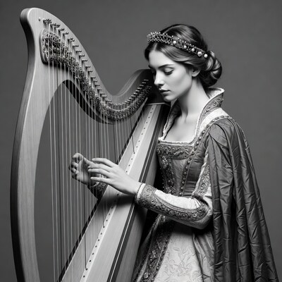 Woman playing harp in Renaissance gown