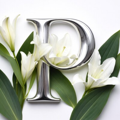 Silver P Letter with White Lilies
