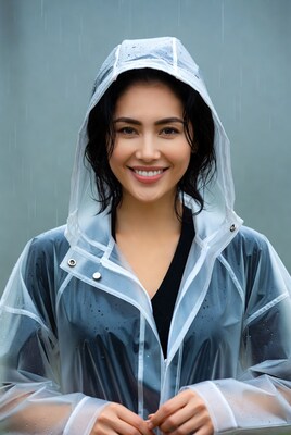 Asian woman smiling in transparent raincoat