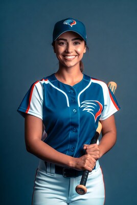 Smiling woman in baseball uniform with bat