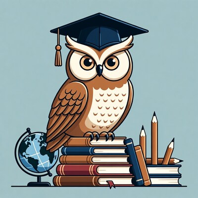 Owl in graduation cap on books