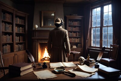 Man in deerstalker at detective desk