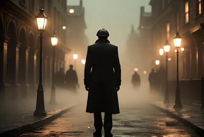 Man in Deerstalker Walking Foggy Street