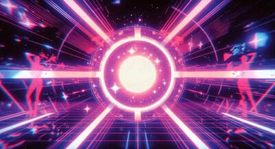 Neon Pink Retrowave Portal with Silhouettes