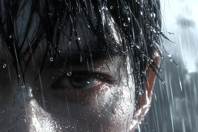 Close-up man wet hair rain