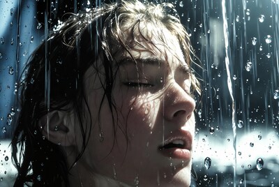 Woman with wet hair in rain