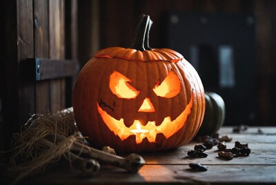 Lit Jack-o'-lantern on rustic wood