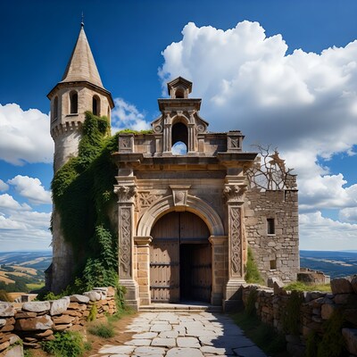 Ivy-Covered Medieval Castle Gate Ruins