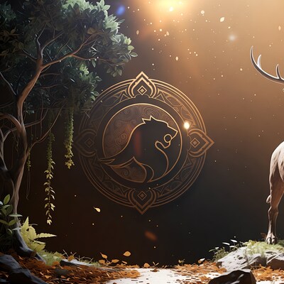 Lion and Deer in Ornate Circle with Forest