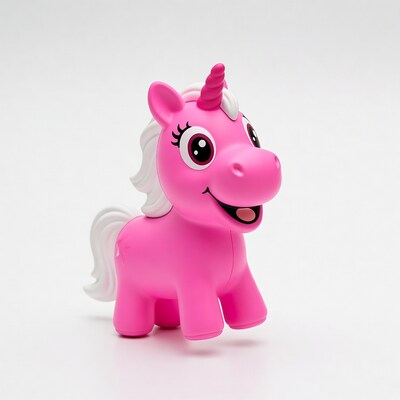 Pink unicorn toy on white background