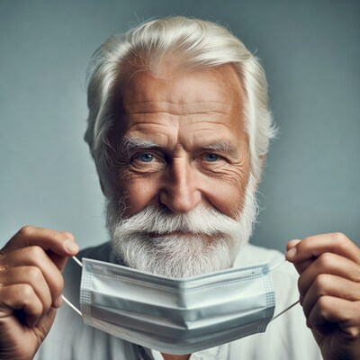 Elderly man holding white face mask