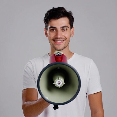 Man holding red megaphone