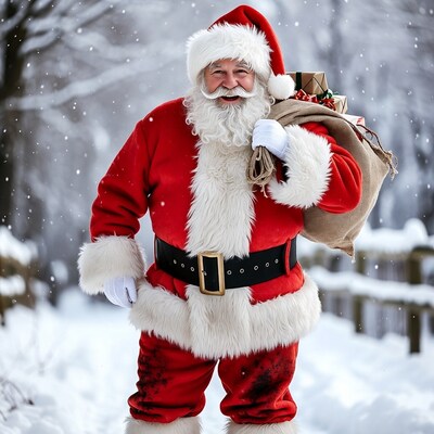 Santa Claus with sack in snowy woods