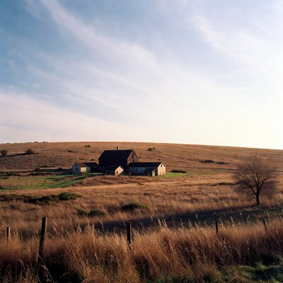 Farmhouse on grassy hill at sunset