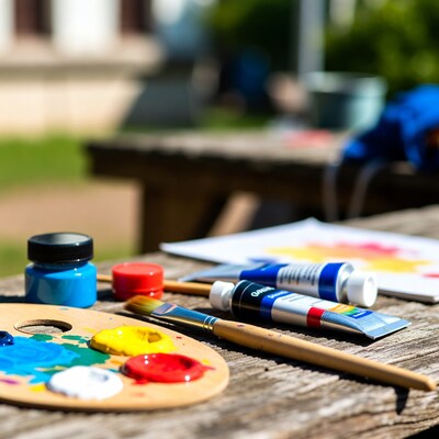 Painting Supplies on Outdoor Wooden Table