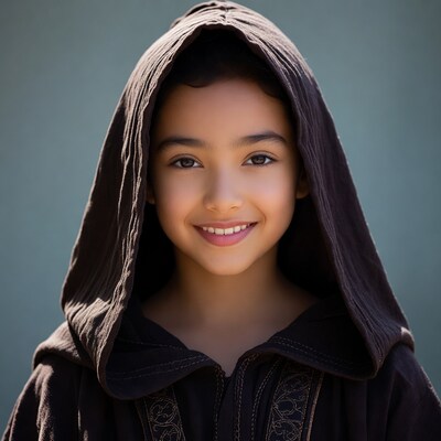 Girl smiling in hooded robe