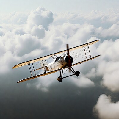Biplane Flying Through Clouds