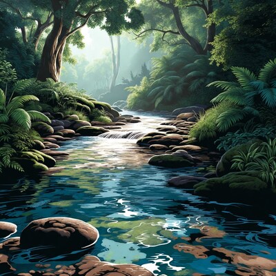 Lush Jungle Stream with Sunlight