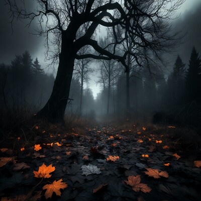 Misty Autumn Forest Path with Orange Leaves