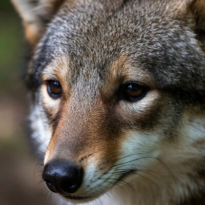 Close-up coyote face in forest