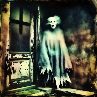 Ghostly figure emerging from haunted door