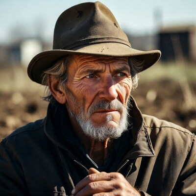 Elderly man in fedora on farm