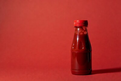 Ketchup Bottle on Red Background