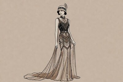 Asian woman in Art Deco gown