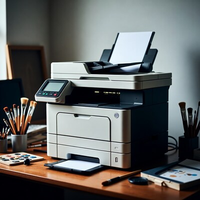 Printer with paintbrushes on desk