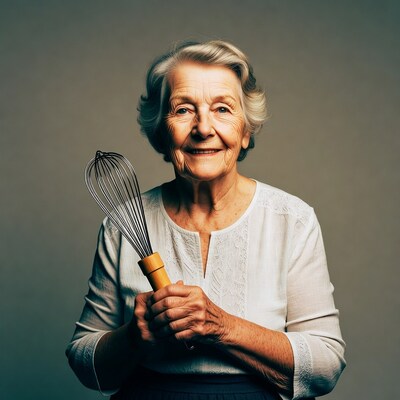 Elderly woman holding whisk