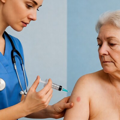 Nurse giving injection to elderly woman