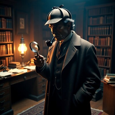 Sherlock Holmes with magnifying glass and pipe