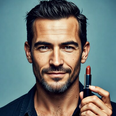 Handsome man holding red lipstick