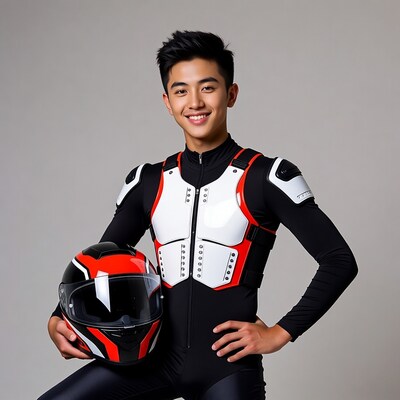 Asian man in motorcycle gear holding helmet