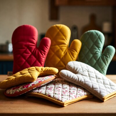Colorful Oven Mitts on Kitchen Table