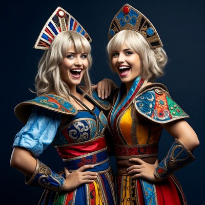 Two blonde women in Russian costumes smiling