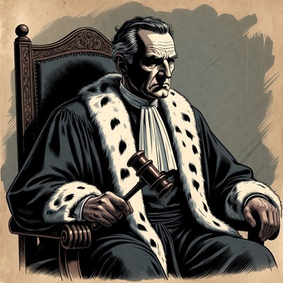 Judge holding gavel in chair