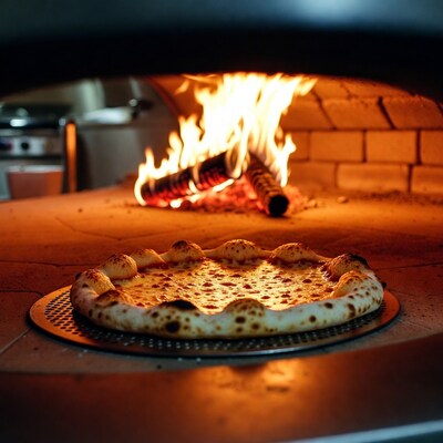 Pizza baking in wood-fired oven