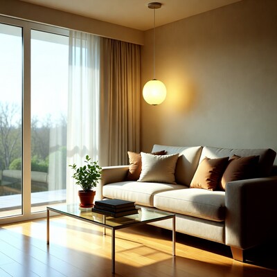 Modern living room with sofa and garden view