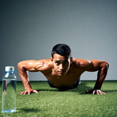Asian man doing pushups on turf