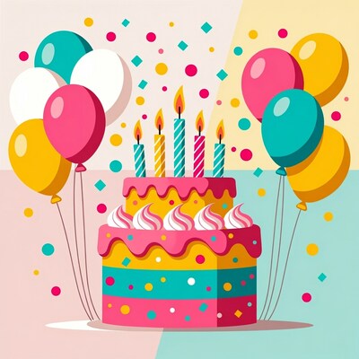 Birthday Cake with Balloons and Candles