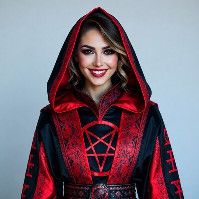 Smiling woman in red satanic hood