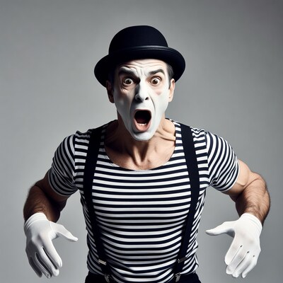 Man in mime costume with shocked expression