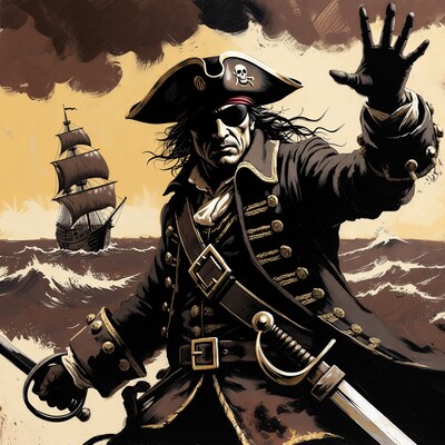 Pirate captain waving sword at sea