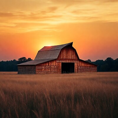 Red Barn in Field at Sunset