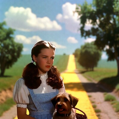 Dorothy holding Toto on yellow brick road