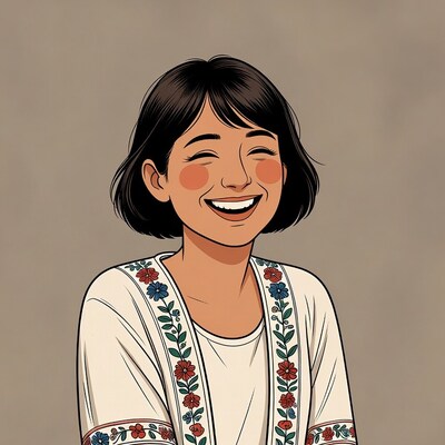 Smiling Asian woman in embroidered jacket