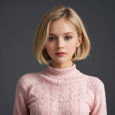 Blonde woman in pink turtleneck