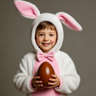 Boy in bunny costume holding Easter egg